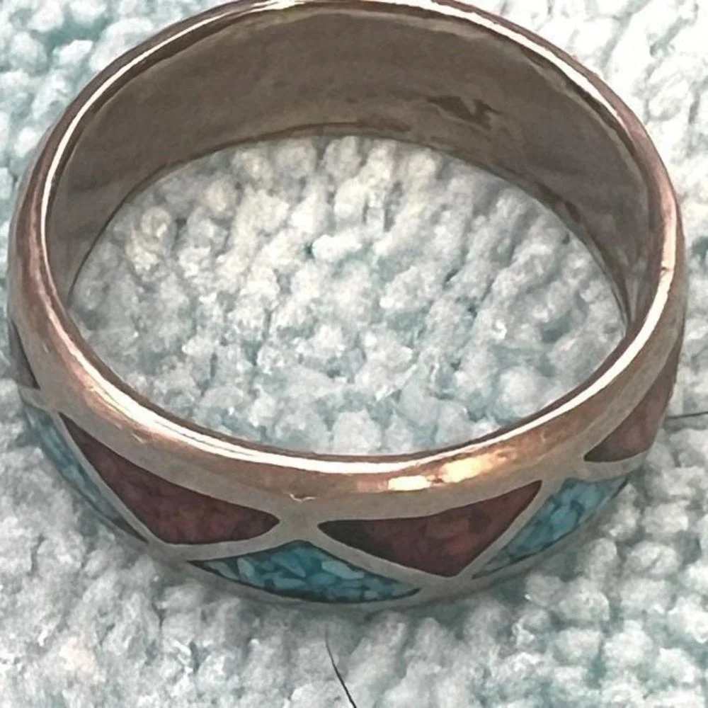 Vintage Turquoise Coral Ring Inlay Silver Plated AJ Southwestern‎ Sz8 3.2g READ